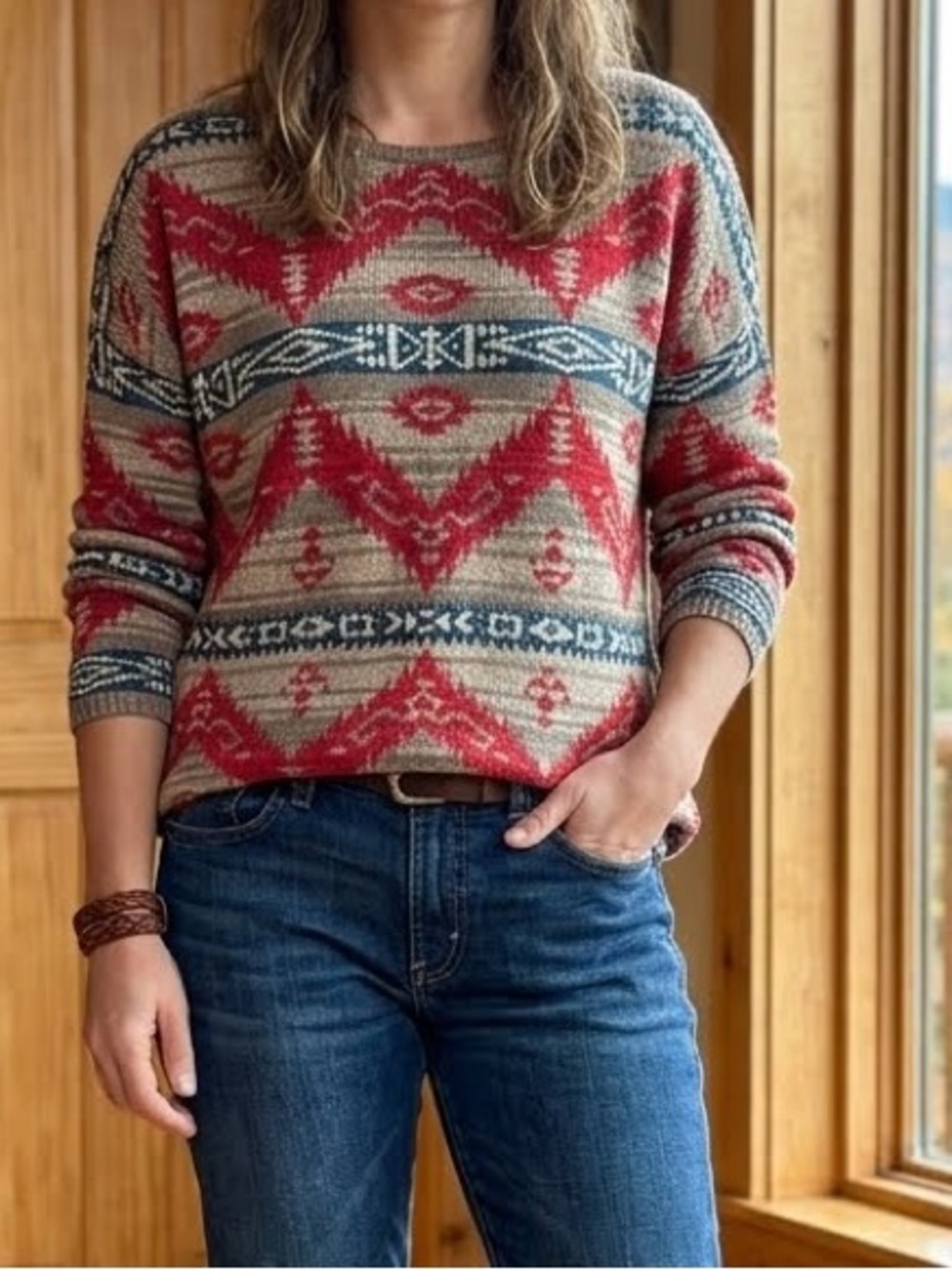 Denim & Supply XL Ralph Lauren Aztec Crewneck Sweater red beige blue